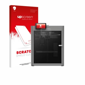 Parte frontal de un envase de producto con el logotipo de la marca upscreen. Al lado se muestra el dispositivo Bambu Lab P2S 3