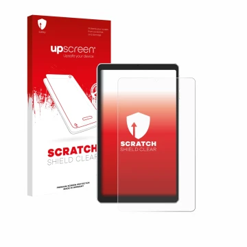 Parte frontal de un envase de producto con el logotipo de la marca upscreen. Al lado se muestra el dispositivo Ulefone Tab A9 