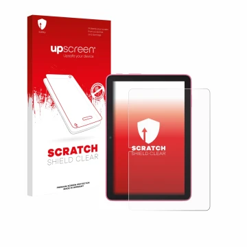 Parte frontal de un envase de producto con el logotipo de la marca upscreen. Al lado se muestra el dispositivo Amazon Fire HD 