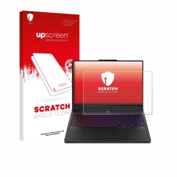 Parte frontal de un envase de producto con el logotipo de la marca upscreen. Al lado se muestra el dispositivo Lenovo Legion P
