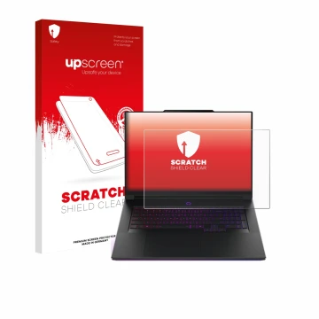 Parte frontal de un envase de producto con el logotipo de la marca upscreen. Al lado se muestra el dispositivo Lenovo Legion 9