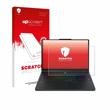 Parte frontal de un envase de producto con el logotipo de la marca upscreen. Al lado se muestra el dispositivo Lenovo Legion P