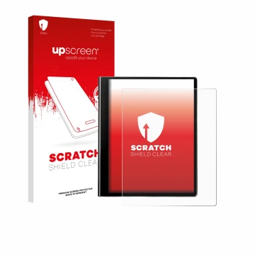 Parte frontal de un envase de producto con el logotipo de la marca upscreen. Al lado se muestra el dispositivo eazeye Paper 2.