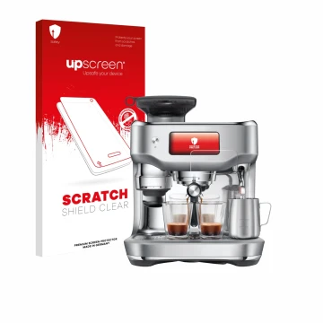 Parte frontal de un envase de producto con el logotipo de la marca upscreen. Al lado se muestra el dispositivo Sage the Oracle