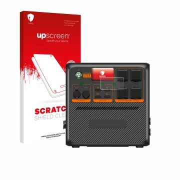 Parte frontal de un envase de producto con el logotipo de la marca upscreen. Al lado se muestra el dispositivo Bluetti AC240P 