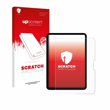 Parte frontal de un envase de producto con el logotipo de la marca upscreen. Al lado se muestra el dispositivo Apple iPad Pro 