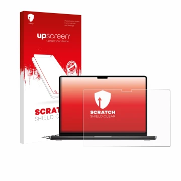 Parte frontal de un envase de producto con el logotipo de la marca upscreen. Al lado se muestra el dispositivo Apple MacBook P