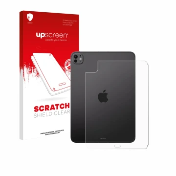 Parte frontal de un envase de producto con el logotipo de la marca upscreen. Al lado se muestra el dispositivo Apple iPad Pro 