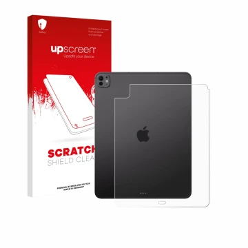 Parte frontal de un envase de producto con el logotipo de la marca upscreen. Al lado se muestra el dispositivo Apple iPad Pro 