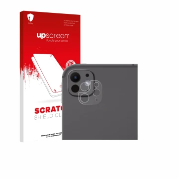 Parte frontal de un envase de producto con el logotipo de la marca upscreen. Al lado se muestra el dispositivo Apple iPad Pro 