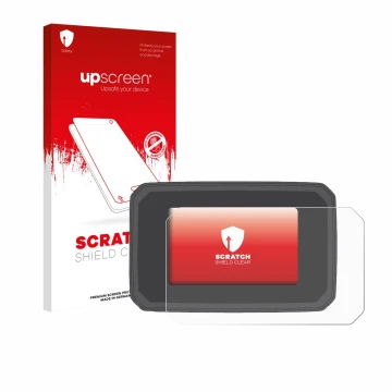 Parte frontal de un envase de producto con el logotipo de la marca upscreen. Al lado se muestra el dispositivo Honda CB125R 20