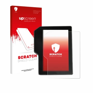 Parte frontal de un envase de producto con el logotipo de la marca upscreen. Al lado se muestra el dispositivo Yamaha Tenere 7