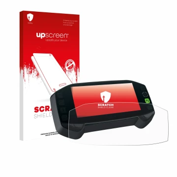 Parte frontal de un envase de producto con el logotipo de la marca upscreen. Al lado se muestra el dispositivo Suzuki DR-Z4S 2