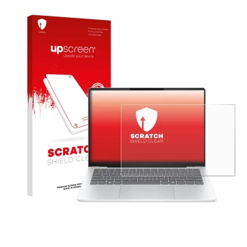 Parte frontal de un envase de producto con el logotipo de la marca upscreen. Al lado se muestra el dispositivo HP OmniBook 5 1