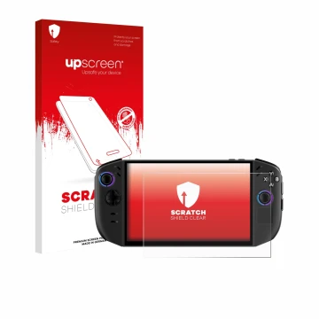 Parte frontal de un envase de producto con el logotipo de la marca upscreen. Al lado se muestra el dispositivo Lenovo Legion G