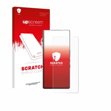 Parte frontal de un envase de producto con el logotipo de la marca upscreen. Al lado se muestra el dispositivo ZTE Nubia Red M
