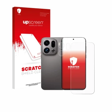 Parte frontal de un envase de producto con el logotipo de la marca upscreen. Al lado se muestra el dispositivo Oppo Find X9 (F