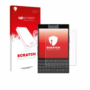 Parte frontal de un envase de producto con el logotipo de la marca upscreen. Al lado se muestra el dispositivo Unihertz Titan 