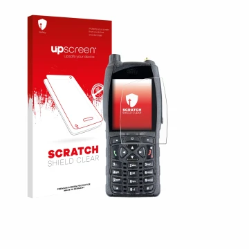 Parte frontal de un envase de producto con el logotipo de la marca upscreen. Al lado se muestra el dispositivo Sepura SC2020 c