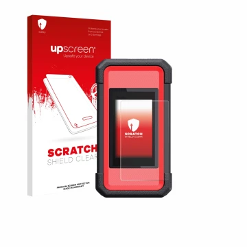 Parte frontal de un envase de producto con el logotipo de la marca upscreen. Al lado se muestra el dispositivo Launch X431 Sma