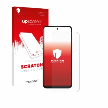 Parte frontal de un envase de producto con el logotipo de la marca upscreen. Al lado se muestra el dispositivo Oukitel C69 con