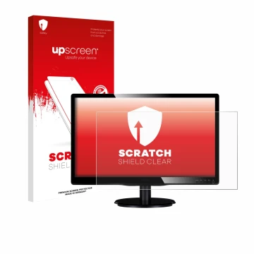 Parte frontal de un envase de producto con el logotipo de la marca upscreen. Al lado se muestra el dispositivo Philips 200V4QS