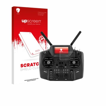 Parte frontal de un envase de producto con el logotipo de la marca upscreen. Al lado se muestra el dispositivo Radiomaster GX1