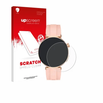 Parte frontal de un envase de producto con el logotipo de la marca upscreen. Al lado se muestra el dispositivo Knauermann Pro 