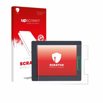 Parte frontal de un envase de producto con el logotipo de la marca upscreen. Al lado se muestra el dispositivo Schneider-elect
