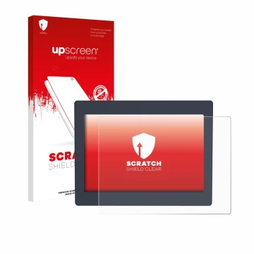 Parte frontal de un envase de producto con el logotipo de la marca upscreen. Al lado se muestra el dispositivo Schneider-elect
