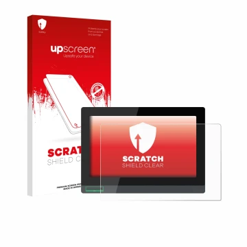 Parte frontal de un envase de producto con el logotipo de la marca upscreen. Al lado se muestra el dispositivo Schneider-elect