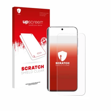 Parte frontal de un envase de producto con el logotipo de la marca upscreen. Al lado se muestra el dispositivo Vivo X300 Pro c
