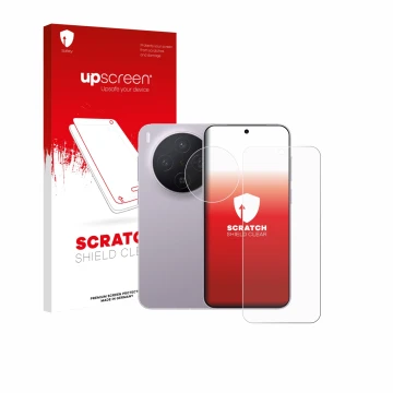 Parte frontal de un envase de producto con el logotipo de la marca upscreen. Al lado se muestra el dispositivo Vivo X300 Pro (