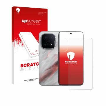 Parte frontal de un envase de producto con el logotipo de la marca upscreen. Al lado se muestra el dispositivo Vivo iQOO 15 (F