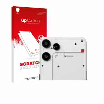 Parte frontal de un envase de producto con el logotipo de la marca upscreen. Al lado se muestra el dispositivo Nothing Phone (