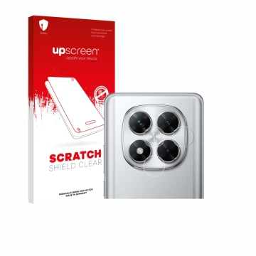 Parte frontal de un envase de producto con el logotipo de la marca upscreen. Al lado se muestra el dispositivo Xiaomi Poco X7 