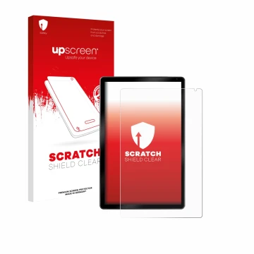Parte frontal de un envase de producto con el logotipo de la marca upscreen. Al lado se muestra el dispositivo Yicty C108 10.1