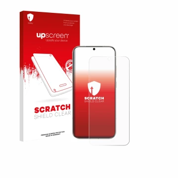 Parte frontal de un envase de producto con el logotipo de la marca upscreen. Al lado se muestra el dispositivo Honor Magic 8 c