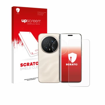 Parte frontal de un envase de producto con el logotipo de la marca upscreen. Al lado se muestra el dispositivo Honor Magic 8 P