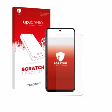Parte frontal de un envase de producto con el logotipo de la marca upscreen. Al lado se muestra el dispositivo Motorola Moto G