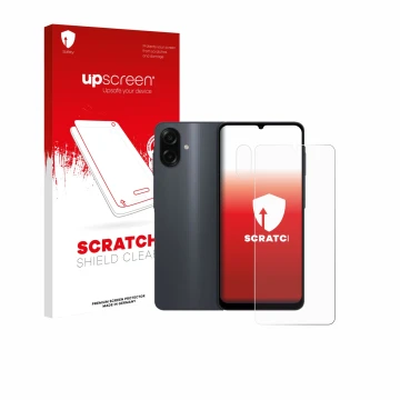 Parte frontal de un envase de producto con el logotipo de la marca upscreen. Al lado se muestra el dispositivo Samsung Galaxy 