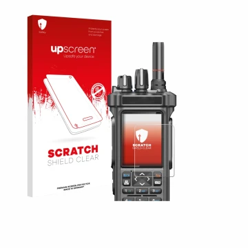 Parte frontal de un envase de producto con el logotipo de la marca upscreen. Al lado se muestra el dispositivo Radtel RT-950 P