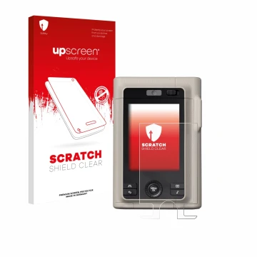 Parte frontal de un envase de producto con el logotipo de la marca upscreen. Al lado se muestra el dispositivo Fujifilm Instax