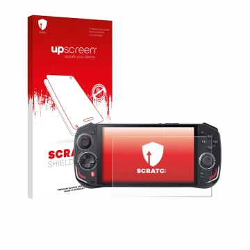 Parte frontal de un envase de producto con el logotipo de la marca upscreen. Al lado se muestra el dispositivo Acer Nitro Blaz