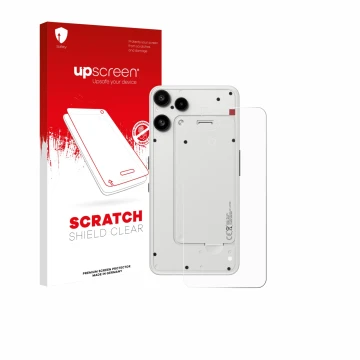 Parte frontal de un envase de producto con el logotipo de la marca upscreen. Al lado se muestra el dispositivo Nothing Phone (
