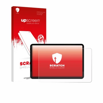 Parte frontal de un envase de producto con el logotipo de la marca upscreen. Al lado se muestra el dispositivo Volla Tablet 12