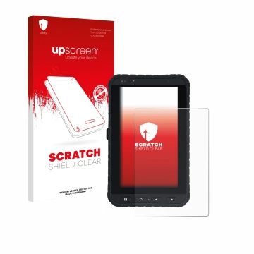 Parte frontal de un envase de producto con el logotipo de la marca upscreen. Al lado se muestra el dispositivo Winmate M700DQ8