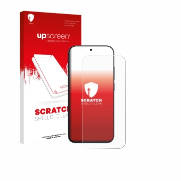 Parte frontal de un envase de producto con el logotipo de la marca upscreen. Al lado se muestra el dispositivo Xiaomi Redmi K9