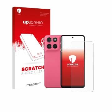 Parte frontal de un envase de producto con el logotipo de la marca upscreen. Al lado se muestra el dispositivo Motorola Moto G