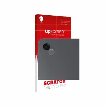 Parte frontal de un envase de producto con el logotipo de la marca upscreen. Al lado se muestra el dispositivo Samsung Galaxy 